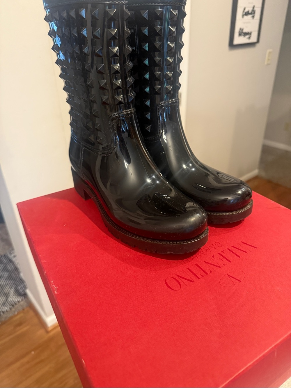 Valentino Garavani Black Patent  Rock Studded Mid-Calf Rain Boots - Picture 5 of 5